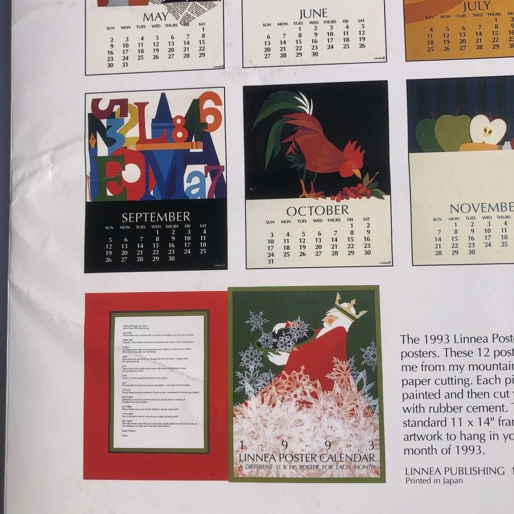 LINNEA POSTER CALENDAR for year 1993 - Complete Can Be Reused 2027 2038 2049